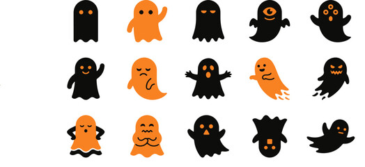 Obraz premium Set of cute black and orange ghost stickers for halloween day celebration and spooky party decoration design elements