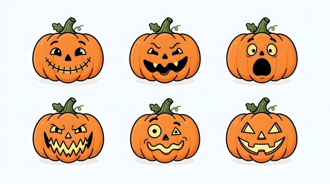 A collection of six cute cartoon pumpkins with various funny facial expressions for a festive halloween celebration design isolated on a clean white background set