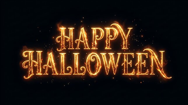 Glowing golden text of happy halloween isolated on a dark black background for festive holiday design