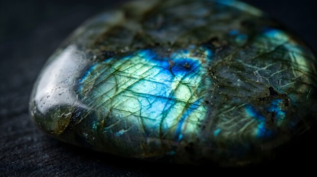 Iridescent labradorite gemstone with blue and green labradorescence, polished crystal mineral on dark background, mystical healing stone macro