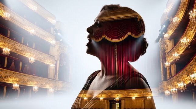 Dramatic opera singer silhouette in double exposure, classic theater stage with gold balconies, elegant female performer in grand auditorium