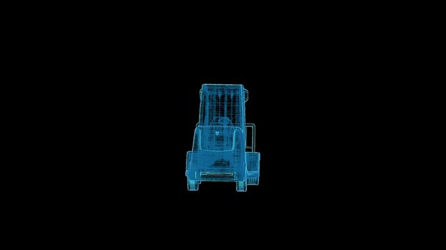 Futuristic 360&deg; rotating HUD wireframe vehicle animation with glowing X-ray blueprint style. High-tech digital interface, seamless loop, perfect for AI, automotive, engineering, defense, and sci-fi pr