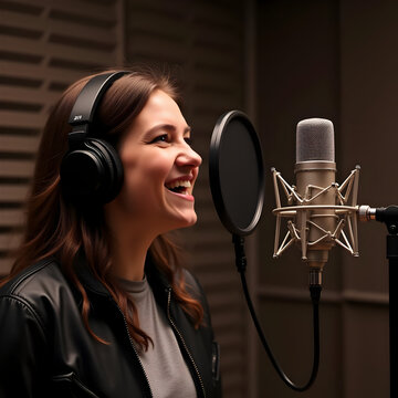 Young woman recording a podcast in studio. Female voice actor speaking into microphone.
