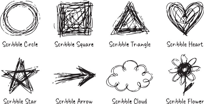 Hand drawn scribble shapes including circle square triangle heart star arrow cloud and flower for design elements.