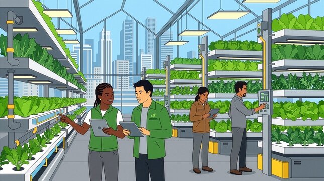 Modern indoor vertical farming greenhouse with urban skyline-(Rumah kaca pertanian vertikal dalam ruangan modern dengan lanskap kota)