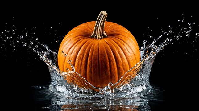 A vibrant orange pumpkin falling into water creating a splash for a creative halloween background design