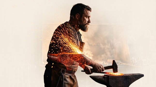 Blacksmith forging hot metal on anvil with flying sparks, professional metalworker in workshop, traditional craft of ironwork and manual labor