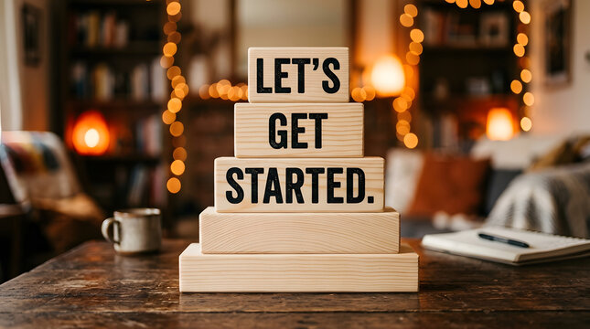 Wooden blocks with the text lets get started on a table in a cozy home office