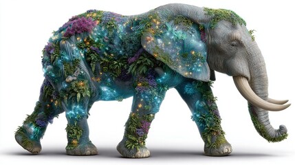 Fototapeta premium Magical Elephant of Nature: A majestic elephant adorned with a vibrant tapestry of flora, illuminated by soft, ethereal lights.
