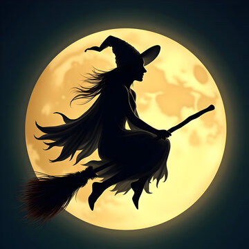Witch silhouette flying on broomstick. Halloween moon background with magical character.