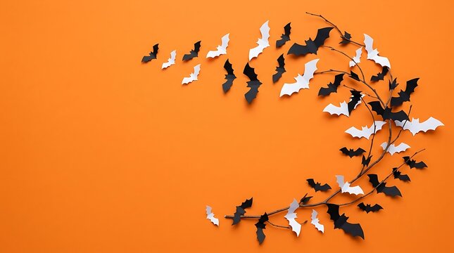 Minimalist halloween background featuring a decorative branch with small black and white bats on orange surface