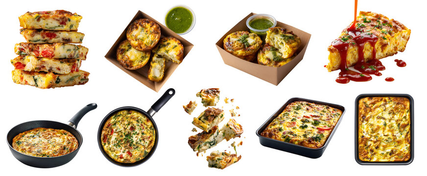 Set of egg-based Italian Frittata dish, ingredient of meat cheese vegetable, takeout box with pesto sauce, baking tray tin, skillet frying pan, fly broken slices stack, transparent cutout PNG mockup

