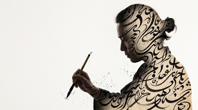 Artistic silhouette of woman with Arabic calligraphy, creative female writer with ink script on skin, poetic literary concept on white background