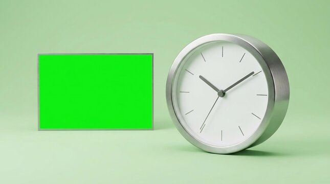 Minimalist Wall Clock Next to Green Screen Rectangle for Copy Space.