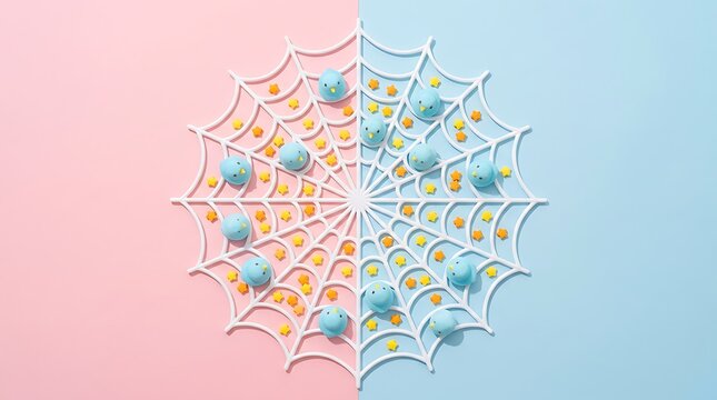 Minimalist pastel halloween background featuring a decorative spider web with small colorful balls on dual tones