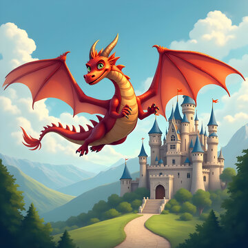 Cute red dragon flying over a castle. Fantasy creature soaring above a medieval palace.