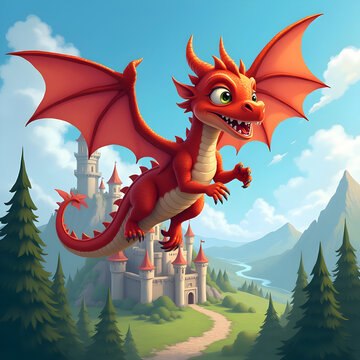 Cute red dragon flying over a castle. Small fantasy creature soaring above a fairy kingdom.