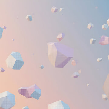 Abstract 3D geometric shapes floating in space. Pastel background with soft floating rocks.