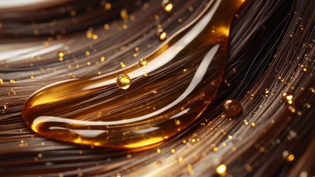 高機能スキンケアをイメージした黄金色美容液のフローイングムービー。まっすぐ流れる濃密な美容液と輝く質感がプレミアムな世界観を演出し、エイジングケア、美容液、コスメ、研究開発、広告制作など幅広い用途に活用できる動画素材。