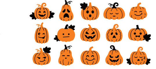 Fototapeta premium Set of cute hand drawn jack o lantern pumpkins with various funny expressions for halloween day celebration design
