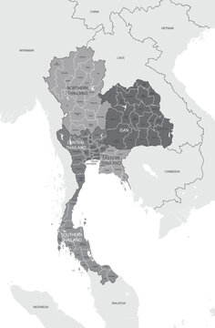Detailed monochrome map of Thailand with administrative division into provinces with borders of Asian countries, vector illustration