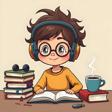 Cute boy studying with headphones. Student reading books with coffee in cartoon style.