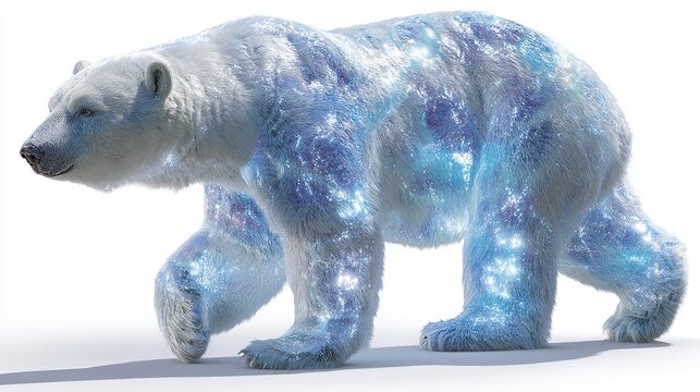 Polar Bear with Frosted Fur: A majestic polar bear walks with an air of resilience, its white fur appearing dusted with icy crystals, embodying the stark beauty and power of the arctic environment.