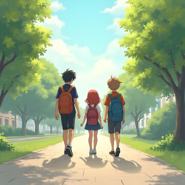 Children walking to school in a park. Students with backpacks heading to class outdoors.