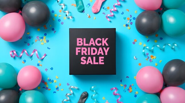Black friday sale sign on a vibrant blue background with colorful balloons and festive confetti