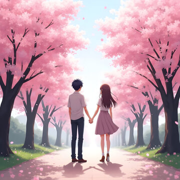 Young couple holding hands in cherry blossom park. Romantic pair walking under sakura trees.