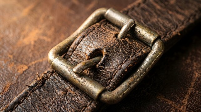 Vintage leather belt with antique metal buckle, weathered brown leather strap detail, rustic fashion accessory with worn texture and brass hardware