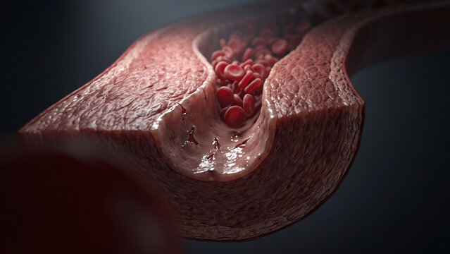 3D medical illustration of red blood cells flowing smoothly through a healthy blood vessel or artery