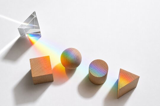 Colorful glass prism spectrum crossing simple wooden math solids on white surface for STEM copy space