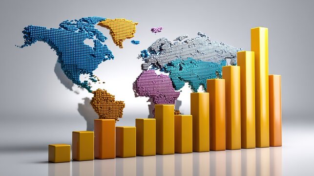 Global Market Growth: A vibrant world map projection serves as a backdrop to a series of rising bar graphs, symbolizing economic expansion and increasing global trade.