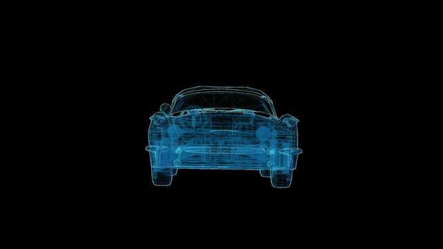 Futuristic 360&deg; rotating HUD wireframe vehicle animation with glowing X-ray blueprint style. High-tech digital interface, seamless loop, perfect for AI, automotive, engineering, defense, and sci-fi pr
