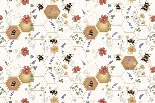 Repeating seamless pattern of honeybees, golden hexagonal honeycomb cells, and wildflowers on a light cream background, for textile prints