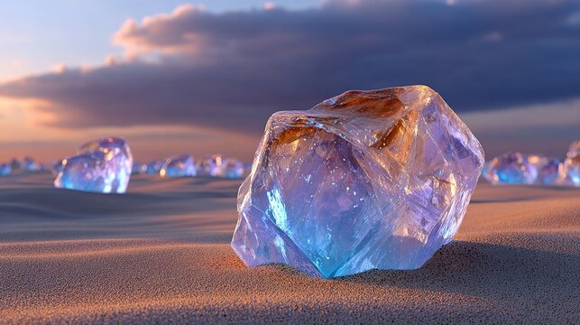 Crystalline Mirage: Luminescent crystal shards, reflecting the hues of a desert sunset, emerge from the sandy expanse, creating an ethereal and surreal landscape.