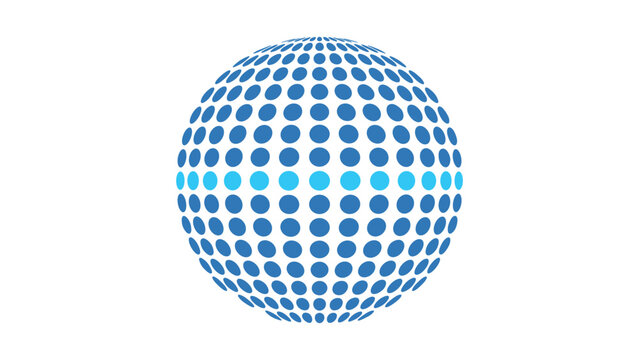 Blue halftone dotted sphere with cyan equator line - abstract 3D dot globe with highlighted scan row vector for technology data and global network concepts