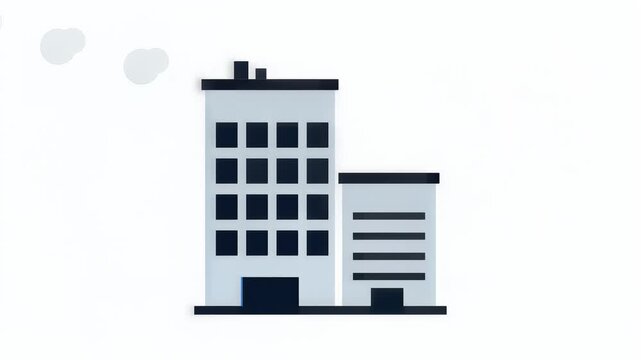 Modern office building with illuminated windows and adjacent structure, animated with dynamic lighting changes, symbolizing urban development and corporate activity