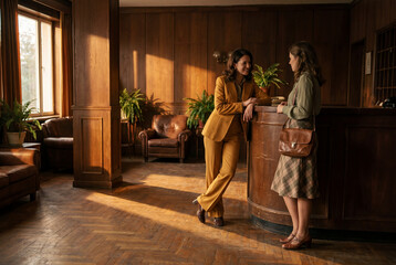 Fototapeta premium Two stylish women having conversation at classic wooden hotel reception counter in warm golden sunlight, guest checking in with receptionist in elegant vintage interior.