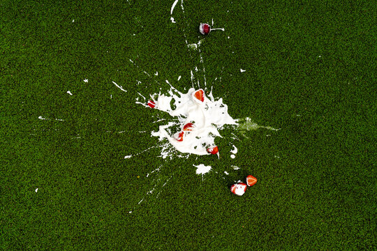 Dropped strawberries with whipped cream spilled on green grass lawn