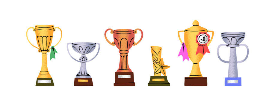 Row of gold cups for winners. Set of trophies for winning. Victory reward with goblets. Prizes for champions triumph. Awarding for the first place. Flat isolated vector illustrations in white