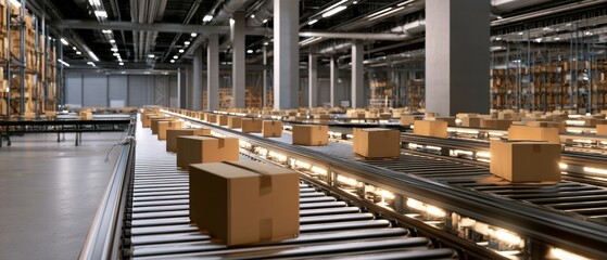 Fototapeta premium Busy warehouse with many packages moving on conveyor belts during daytime