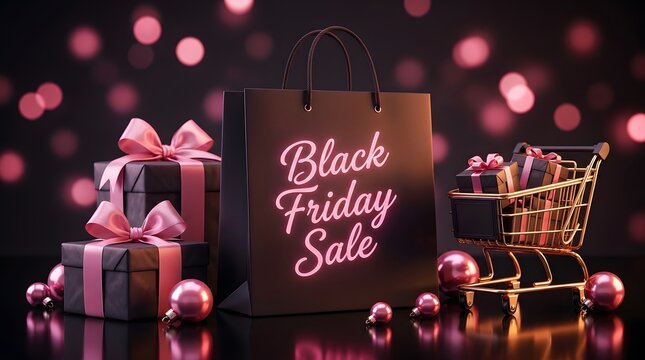 Elegant black friday sale shopping bag with gift boxes and golden cart on dark background