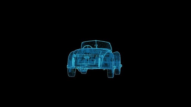 Futuristic 360&deg; rotating HUD wireframe vehicle animation with glowing X-ray blueprint style. High-tech digital interface, seamless loop, perfect for AI, automotive, engineering, defense, and sci-fi pr