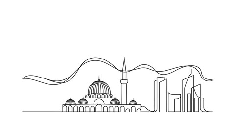 Continuous single line drawing of a city skyline with a traditional mosque dome and minaret combined with modern buildings in a minimalist art style © Tona Drawing Gallery