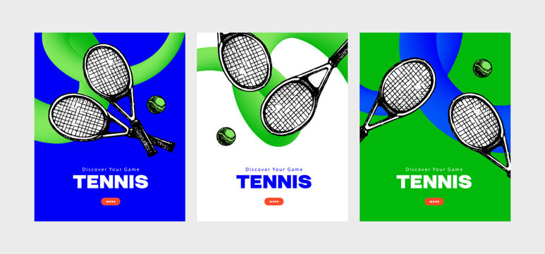 Tennis vintage banner set, rackets and tennis ball. Trendy collage sport posters. Tournament, training, fitness concept. Vector hand drawn illustration.