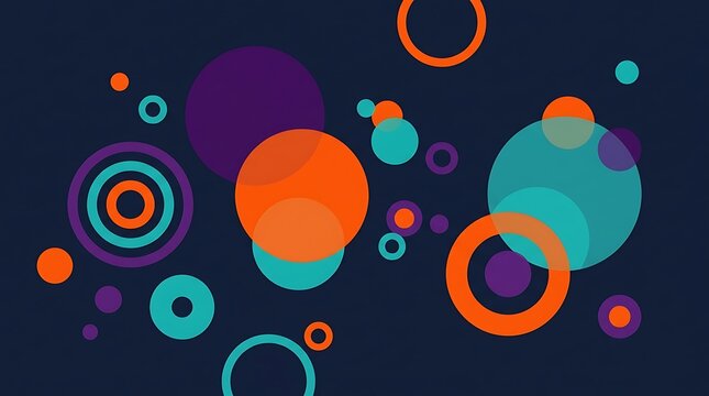 Abstract background featuring vibrant colorful circles and rings arranged in a modern artistic pattern on dark blue