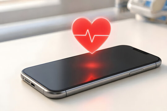 Digital health and telehealth concept with modern smartphone and glowing red 3D holographic heart icon with pulse line, commercial medical stock photo