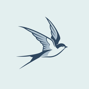 Minimalist blue swallow bird flying silhouette logo design.